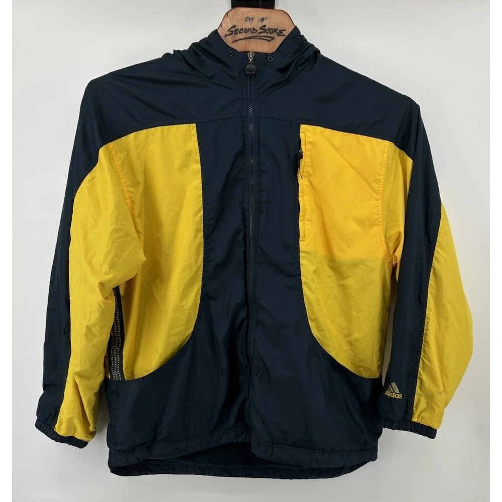 VNTG 90's Adidas Colorblock Windbreaker Jacket Men's‎ XL Navy Yellow Hooded Zip